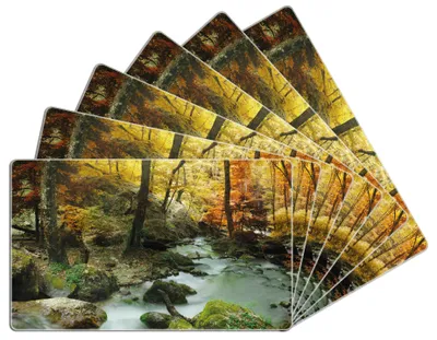 Produktbild von Wallario Frühstücksbrettchen 6er Set aus Glas, je 14 x 23 cm, mit rutschfesten Füßen, Motiv Wasserfall mit moosbedeckten Steinen im Herbstwald
