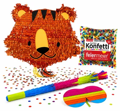 Produktbild von Pinata-Set | 4-tlg. mit Augenmaske, Schlagstock und Konfetti Farbe: "Tiger Kopf" | 42x33x7,5cm