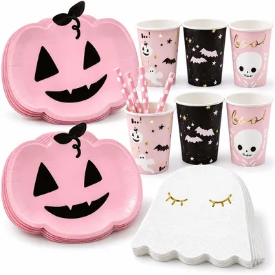 Immagine prodotto di Set per festa di Halloween da 56 pezzi, ideale per 12 bambini, con decorazioni a tema zucca e pipistrelli