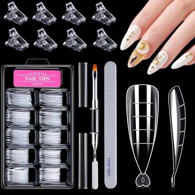 Productafbeelding van Nagelverlengingsset met 100 nagelverlengstukken, nageltips, een kwast, en een nagelvijl, geschikt voor UV-acryl en polygel