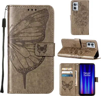 Produktbild von OnePlus Nord CE 2 5G Hülle, Schmetterling Prägung Flip Leder Kartenfächer Schutzhülle Ledertasche mit Ständer für OnePlus Nord CE 2 5G Grau