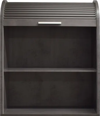 A front view of a dark gray roll-top cabinet with two shelves.