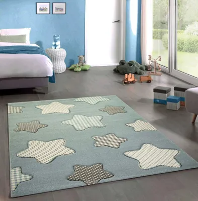Produktbild von Kinderteppich Spielteppich Babyteppich Jungen Sterne blau creme grau Größe - 160 cm Rund