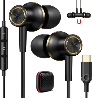 A product shot of USB-C in-ear headphones, their charging case, and a USB-C connector.