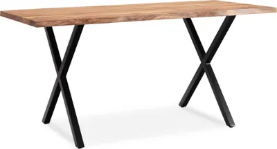 Schreibtisch 180x90x76cm Akazie Massivholz Baumkante mit X-Beinen in Schwarz, Gesamtansicht.