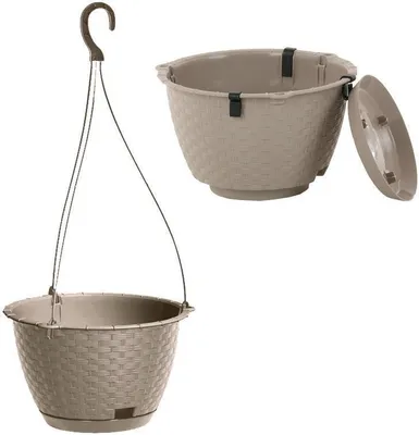 Two beige hanging planters are shown against a white background. One is hanging by its wire handles, and the other is shown with its lid removed.