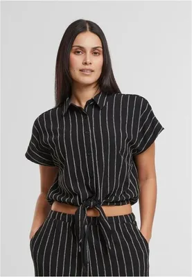 Produktbild von Urban Classics Damen Bluse mit Strukturmuster, gestreift, mit Bindebändern, schwarz/creme - Größe M