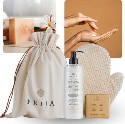 Produktbild von PRIJA Feuchtigkeitsspendendes natürliches Set GESCHENK Körpercreme, Seife, Handschuh