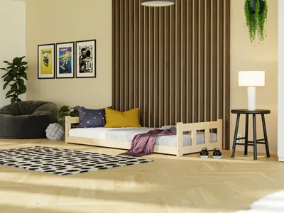 Produktbild von Niedriges Einzelbett mit Kopfteilen FENCE 2-in-1 aus Holz 80x200 cm Unlackiert