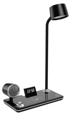 Produktbild von Multifunktionale Schreibtischlampe - LED Tischlampe - Wireless Charger, Bluetooth Lautsprecher, Uhr, Touch dimmbar, Stifthalter - Schwarz