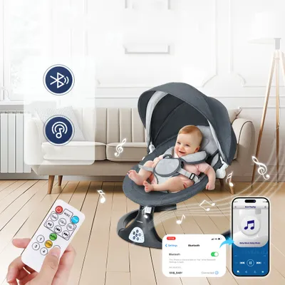 Produktbild von Caveen Babywippe bis 9kg, mit Fernbedienung & Bluetooth Verbinden Smartphone Stromanschluss, mit 5-Punkt Sicherheitsgurt, Insektennetz (Schwarz)