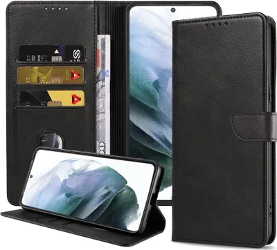Obrázok produktu pre Vhodné pre telefón Samsung Galaxy S21 Puzdro z umelej kože s magnetickým perom a držiakom kariet Puzdro typu kniha s chlopňou - čierne - Smartphonics