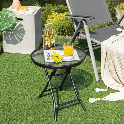 COSTWAY Kleiner Bistrotisch, klappbarer Beistelltisch, runder Gartentisch φ46 cm, Couchtisch mit Tischplatte aus gehärtetem Glas, Balkontisch für Terrasse, Balkon, Garten
