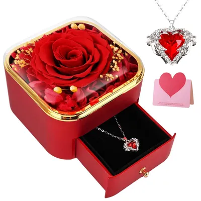 Ewige Rose mit Halskette, konservierte echte Rose, rot, Geschenkbox