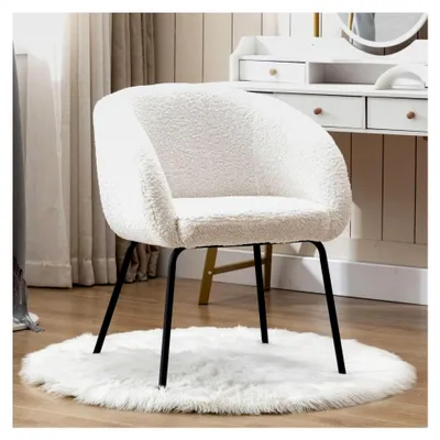 Produktbild von Gepolsterter Sessel aus Kunstfell für Schlafzimmer und Wohnzimmer mit Metallbeinen (Weiß)