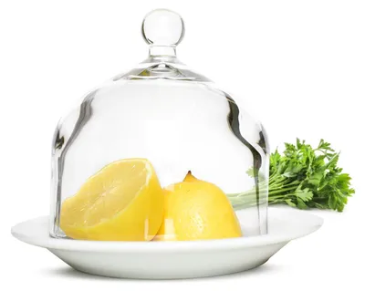Produktbild von Glashaube mit Porzellanteller Glasglocke Zitronenglocke Glasdom Dekoglocke