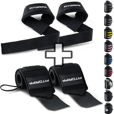 Produktbild von Fitgriff® Handgelenk Bandagen + Zughilfen (2er Set) - für Krafttraining, Fitness, Bodybuilding, Gewichtheben, Gym, Kraftsport - für Frauen und Männer (Black)