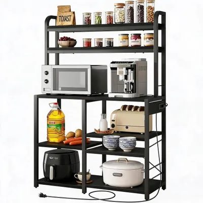 Image de Étagère de cuisine à 6 niveaux - Râtelier de pâtissier - Organisateur de cuisine autonome - Avec prise électrique - Bar à café et support pour micro-ondes - Étagère de rangement en rotin - Noir