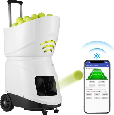 A tennis ball machine with a smartphone displaying its remote control app.