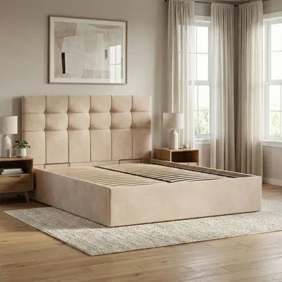 Produktbild von Polsterbett 180x200 cm mit Lattenrost Doppelbett ohne Bettkasten elegantes Bett mit Kopfteil, Samtstoff, Veloursbett, Beige, SORIA 180 x 200