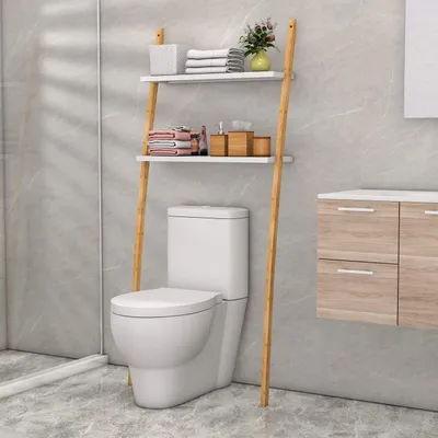 Produktbild von Badregal Toilettenregal Waschmaschinenregal , Braun-Weiß, mit 2 Ablagen, 66x25x173 cm (LBH)