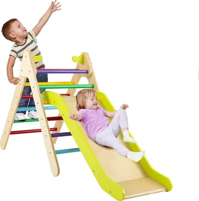 Produktbild von GOPLUS 2 in 1 Kletterspielzeug mit verstellbarer Rutsche, Dreieckige Kletterleiter aus Holz, Sicherheitshandläufen, Kletterwand, für Zuhause & Kindergarten