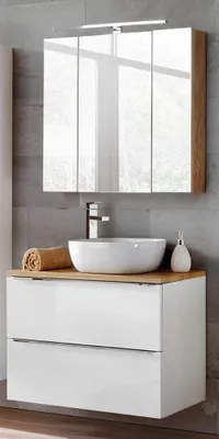 Produktbild von Badmöbel Set mit Keramik-Aufsatzwaschbecken TOSKANA-56 Hochglanz weiß & Wotaneiche BxHxT ca. 80/190/46cm
