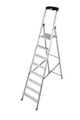 A silver stepladder with 8 steps against a white background.