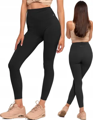 A collage of three images showing a woman wearing black leggings from different angles.