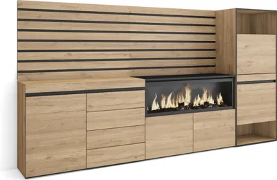 Produktbild von Sideboard, Kommode, 274x35x145 cm, Für Schlafzimmer, Zimmer, Elektrokamin XXL, Kommode mit Schubladen, Schuhschrank, Eiche farbe