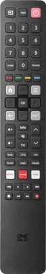 A black remote control with various buttons is shown against a light gray background.