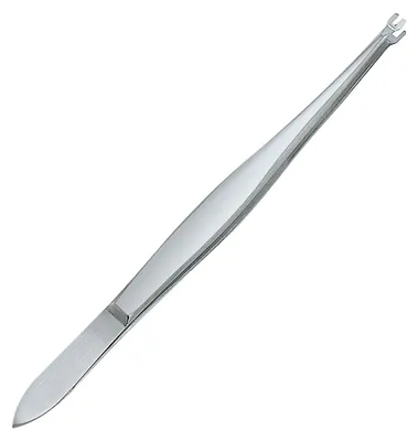 Produktbild von Kornzange 12,5 cm mit gabelförmigen Spitzen, 0,7 mm Schlitzbreite zum Halten und Positionieren kleiner Schräubchen