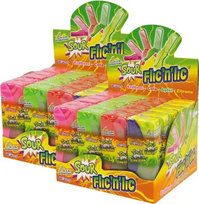 Produktbild von Flic'n'lic Lutscher Sour mit Erdbeer, Cola, Apfel 24 Stk. im Display (2er Pack)