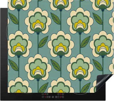 Produktbild von KitchenYeah© Herdabdeckplatte Retro - Design - 1970er Jahre - Blume , 57x51cm, Küche Deko, Glaskeramikkochfeld Herdabdeckung, Abdeckplatte fùr Kochfeld