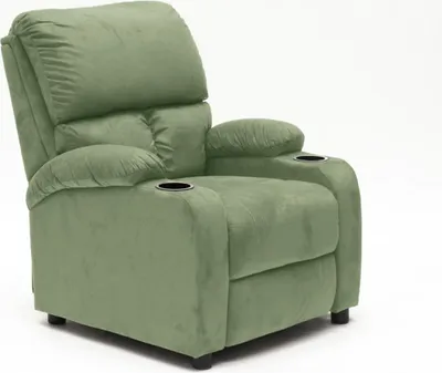 A light green recliner chair with cup holders is shown against a white background.