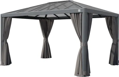 A gray gazebo with curtains, shown in a studio setting against a white background.