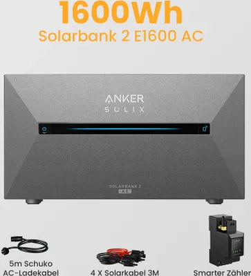 Produktbild von Balkonkraftwerk Speicher, Anker Solix Solarbank 2 E1600 AC Speicher 1200W Solareingang, inkl. Anker Smarten Zähler für Balkonkraftwerk