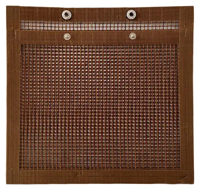 A close-up view of a brown mesh grill bag with metal grommets at the top.