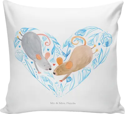 Produktbild von Mr. & Mrs. Panda Kuschelkissen Mäuse Herz - Weiß - Geschenk, Freundin, Polster, Liebesbeweis, Verheiratet, Liebe, Lieblingsmensch, Dekokissen, Liebesgeschenk, 40x40