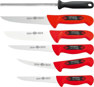 Produktbild von EIKASO Solingen Germany 6 Teilig Set Schlachtermesser Metzgermesser Ausbeinmesser Blockmesser Rot aus Molybdänstahl 1.4116 für Profis und Privat