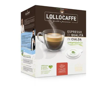 A box of Lollo Caffè espresso pods with a cup of coffee shown.