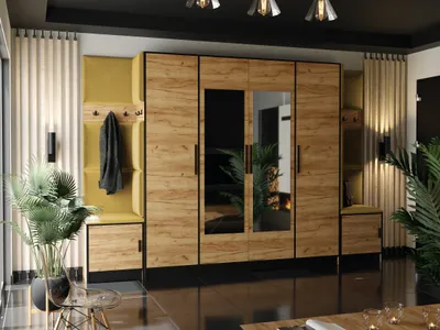 Image de KIER FURNITURE Armoire, chêne artisanal doré + tissu jaune - 312,8 x 205 x 39 cm