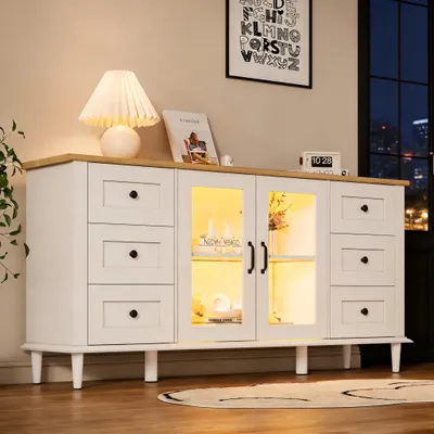 Produktbild von Merax Sideboard mit LED, Multifunktional Kommode mit 6 Schubladen und 2 Acryl-Türen, Wohnzimmerschrank aus MDF mit grifflose Front, Weiß+Holzoptik