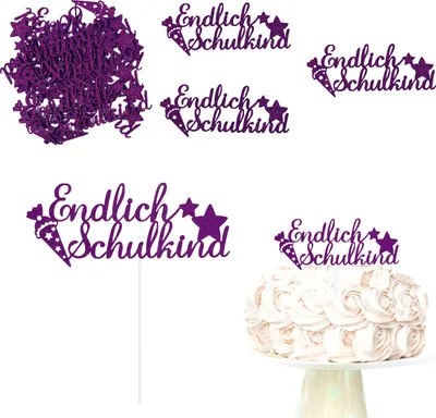 Produktbild von Oblique Unique Schuleinführung Schulanfang Einschulung Deko Set - Torten Topper + Konfetti Set Endlich Schulkind lila