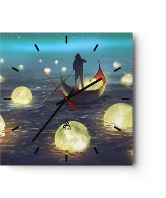 Produktbild von Wanduhr - Quadrat - Glasuhr - Boot Wasser Märchen - 30x30cm - Schleichendes Uhrwerk - Lautlos - zum Aufhängen bereit - Dekoration Modern - Wanddekoration aus Glas - C3AC30x30-4002