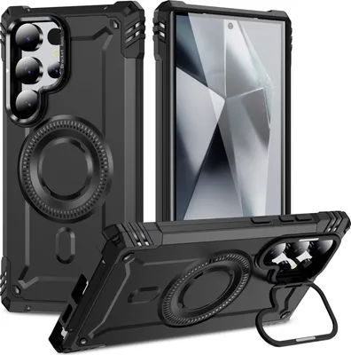Produktbild von Magnetisch Hülle für Samsung Galaxy S24 Ultra, Heavy Duty Militärischer Stoßfest Handyhülle Kamera-Ringständer Schwarz