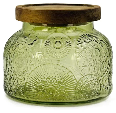 Image de Omgoods - Pot en verre vert décoratif avec couvercle en bois, 750 ml