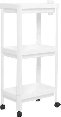 Imagen del producto de Estantería torre para baño, de plástico, independiente, para almacenamiento y organización. Unidad de estanterías multifuncional para sala de estar, dormitorio o cocina, de color blanco, con 3 niveles (con ruedas)