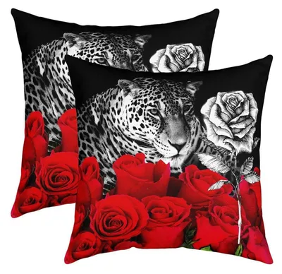 Productafbeelding van 2 stuks kussenhoezen, 60x60 cm, luipaardrozen bloemendruk, decoratieve kussens, rood, grijs