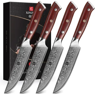 Productafbeelding van Steakmes set, 4-delig, damaststaal, 67 lagen, rozenhouten handvat, recht lemmet, cadeauverpakking